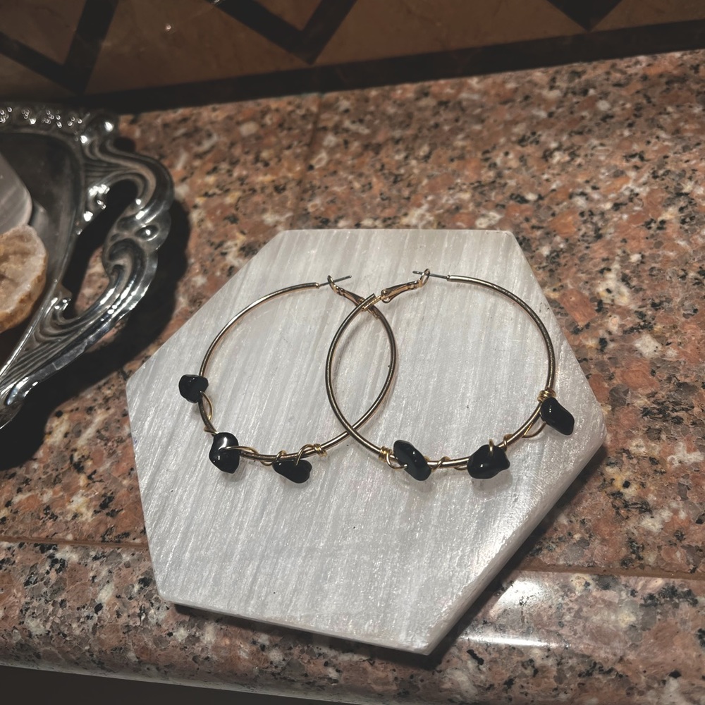 Homemade black obsidian crystal earrings
